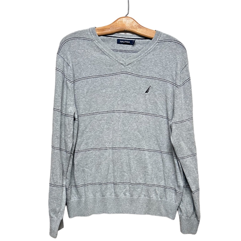NAUTICA Pullover Sweater Men Size Large Gray Black Stripes Long Sleeve Soft Knit